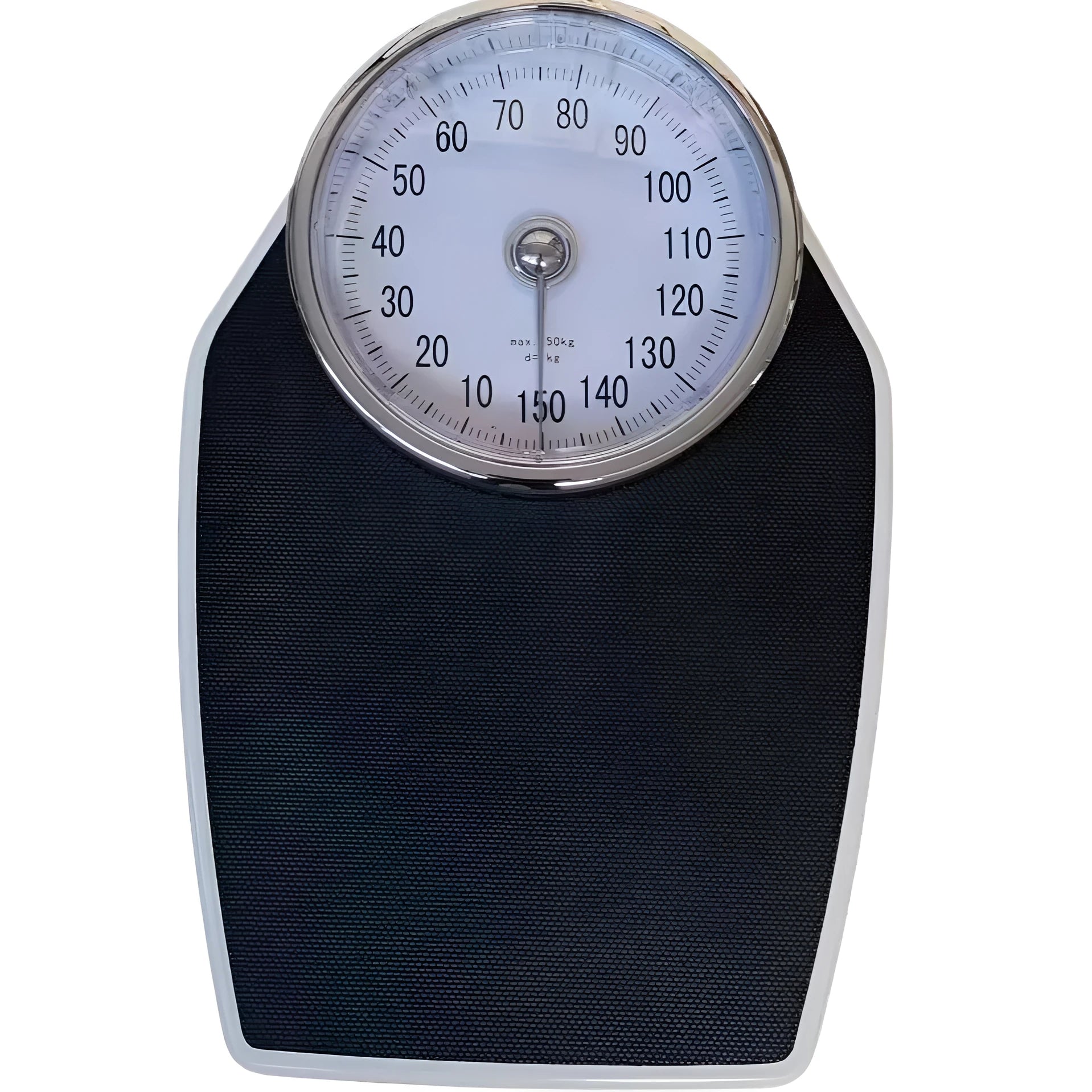 Black mechanical pointer body weight scale with large dial on a 47x35x11cm platform.