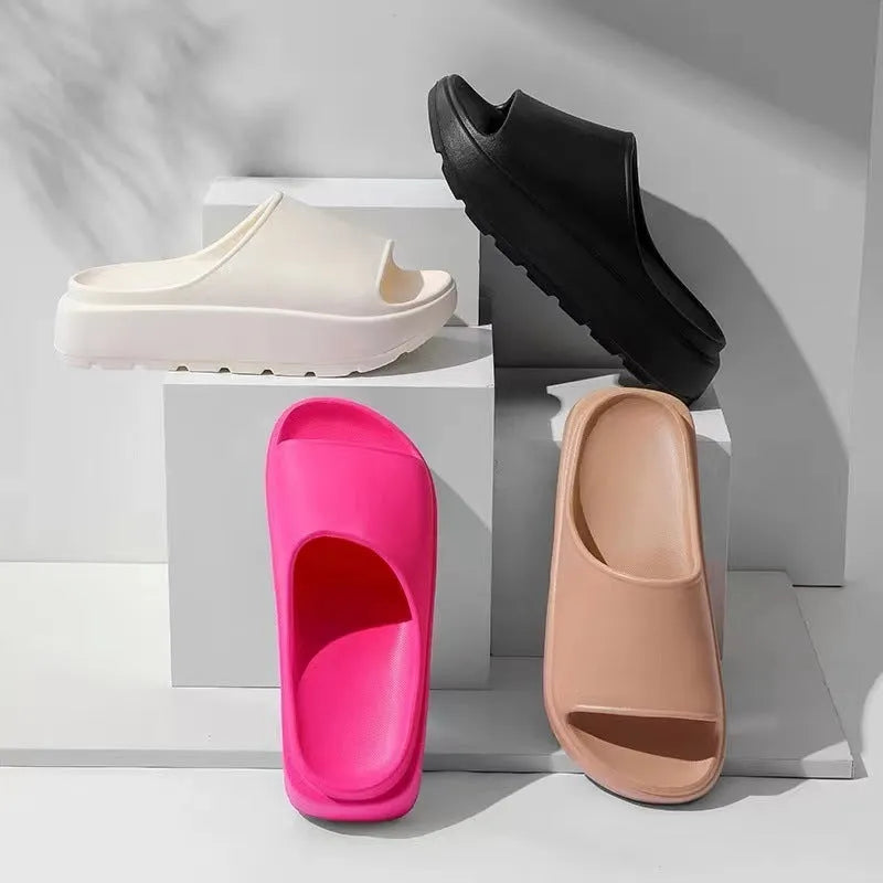 Women's fish mouth slippers with a thick 5.5cm light-coloured EVA sole, shown in beige.