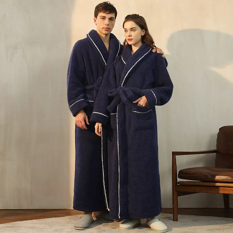 Super thick flannel winter bathrobe couple set shown in navy blue and grey colour options.