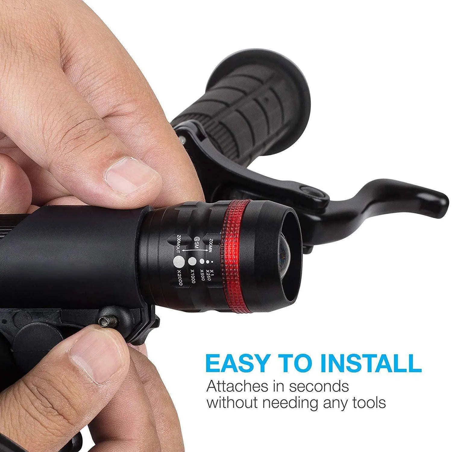 Bicycle headlight and taillight set showing front flashlight, mounting bracket, and separate rear light unit.