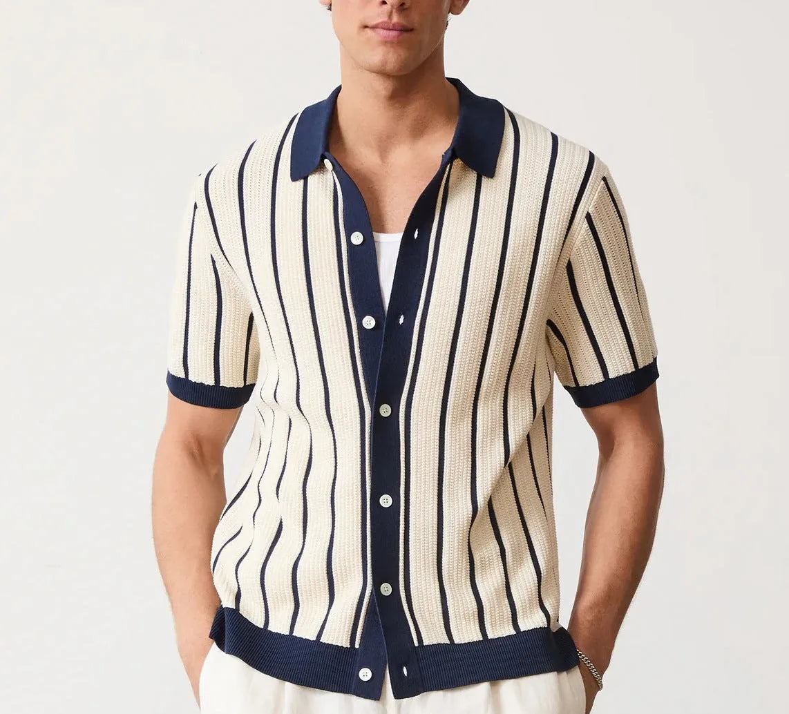 Men's white ice silk knitted polo shirt with lapel collar and asymmetric British style design