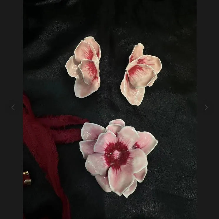 Alloy flower stud earrings with oil-spot glaze finish in blue, green, purple, and rose colour options