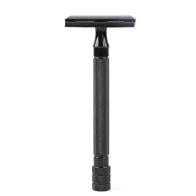 Old-fashioned manual pogonotomy scraping metal shaver with brush in black or silver