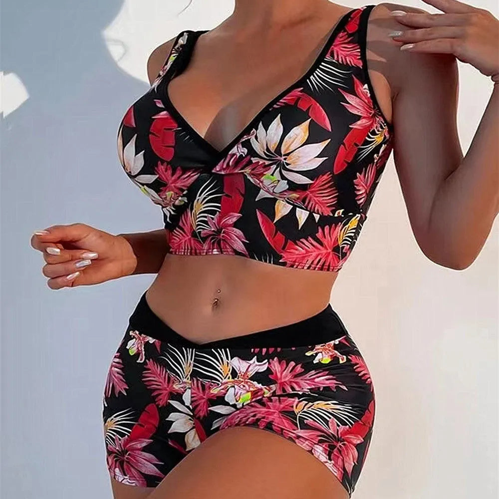 Women's two-piece swimsuit with printed boxer briefs and sleeveless top in multi-colour designs