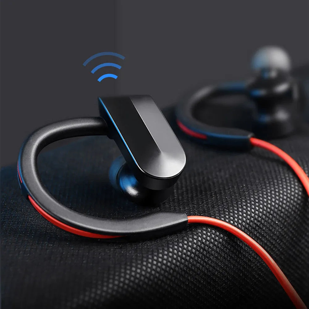 Wireless neckband Bluetooth earphones in black, blue, or red colours showing earbuds and neck mount.