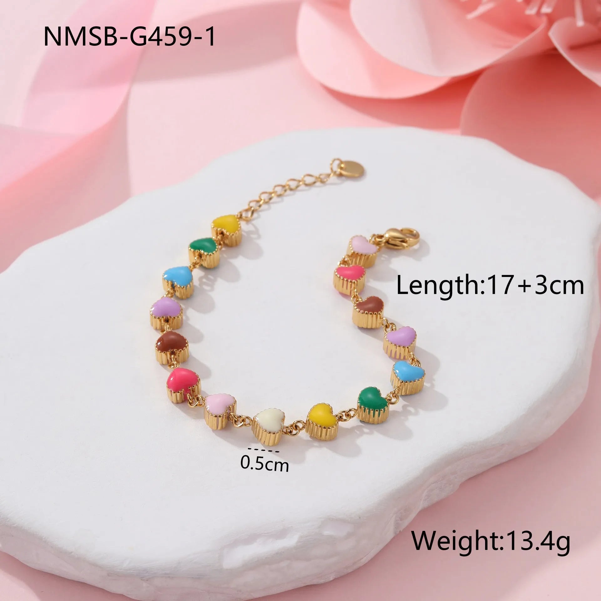 Women's stainless steel bracelet with heart pendant and colourful oil necklace elements