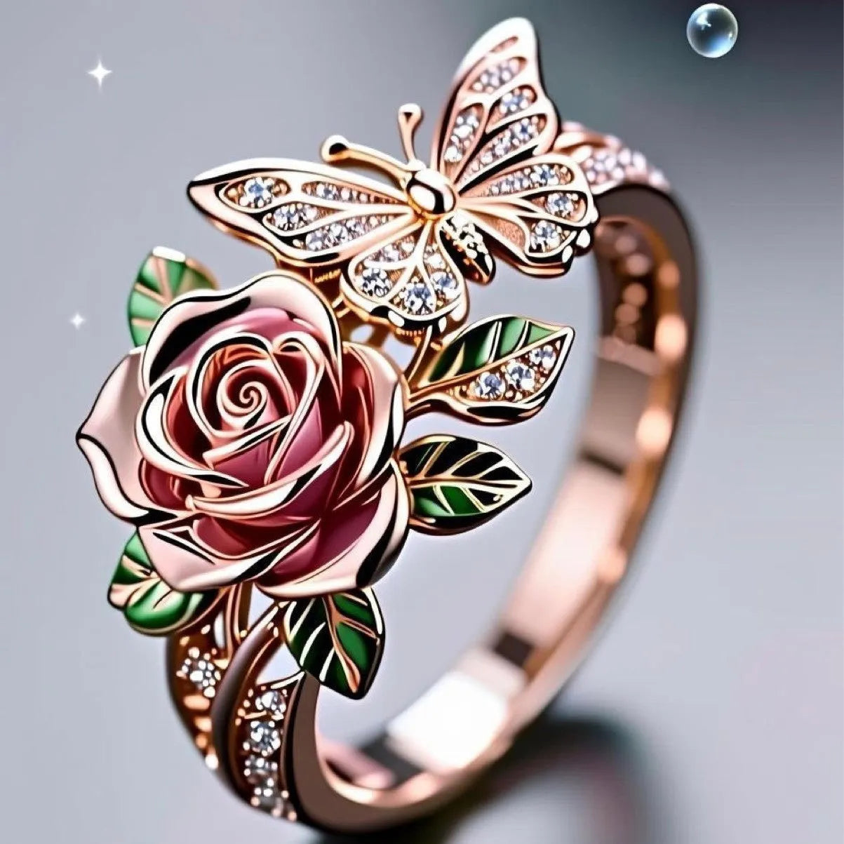 Adjustable oil drop butterfly ring with rose and floral design in alloy metal