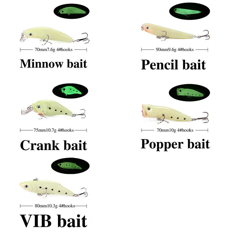 3D fluorescent hard bait fishing lures with submerged luminous properties in five-piece set