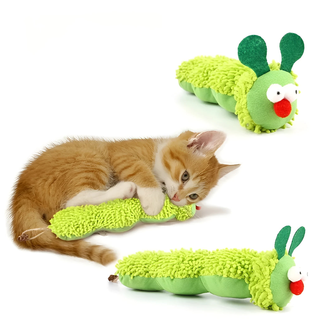 Green plush interactive cat toy pillow on a white background
