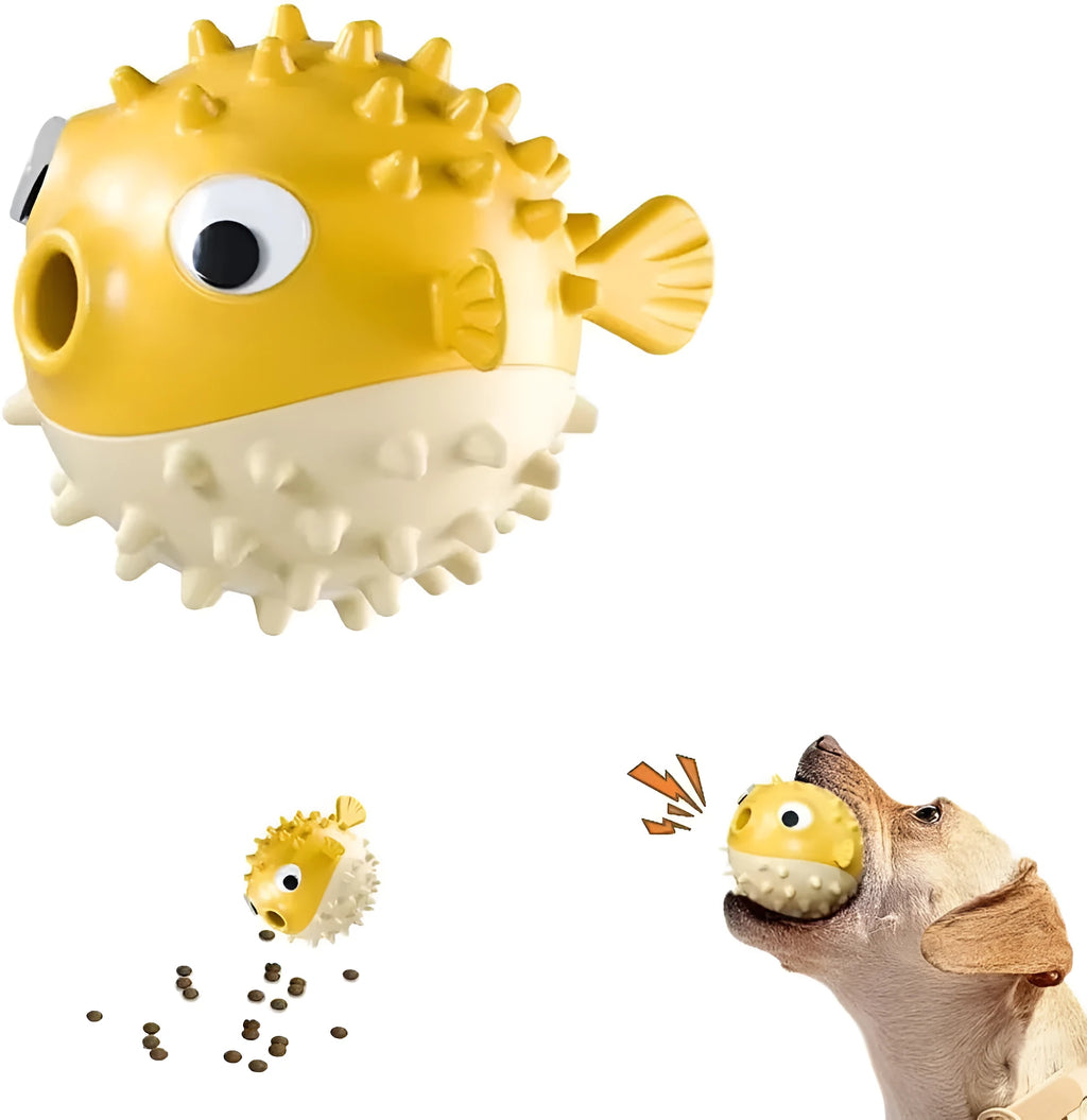Fish-shaped interactive dog chew toy with treat dispenser in green, red or yellow colours