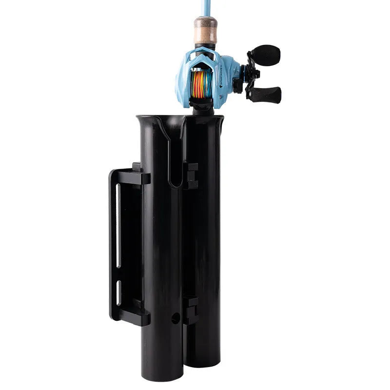 Black double-layer plastic fishing rod rack with carbon fibre frame and metal pipe clamp for bicycle handlebars