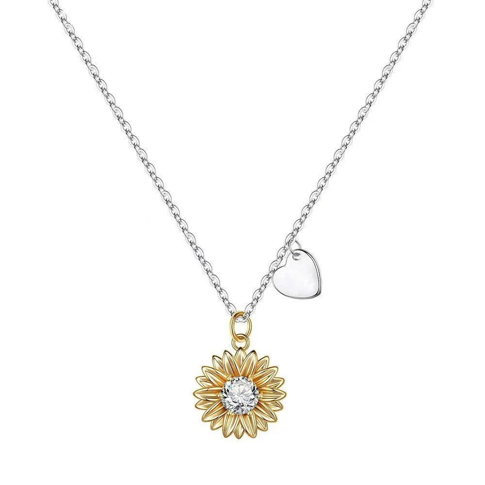 925 silver adjustable sunflower necklace with daisy petal pendant on a cross chain.