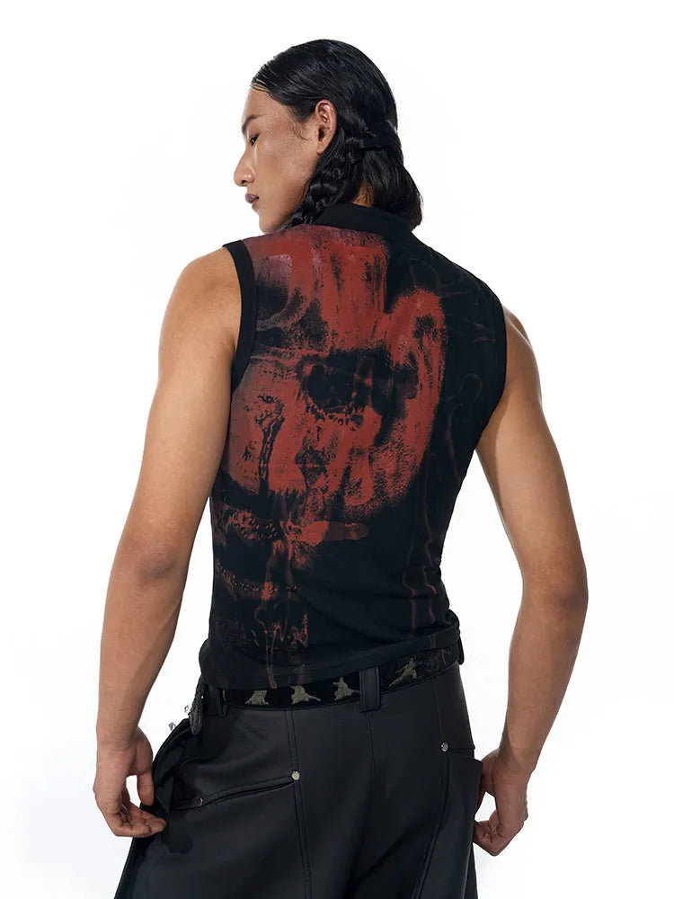 Black slim-fit sleeveless t-shirt with half turtleneck collar and white character print on chest.