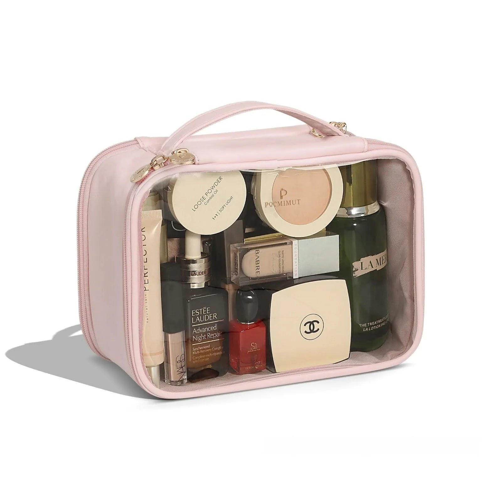 Transparent PVC cosmetic bag with waterproof lining showing dry wet separation compartments