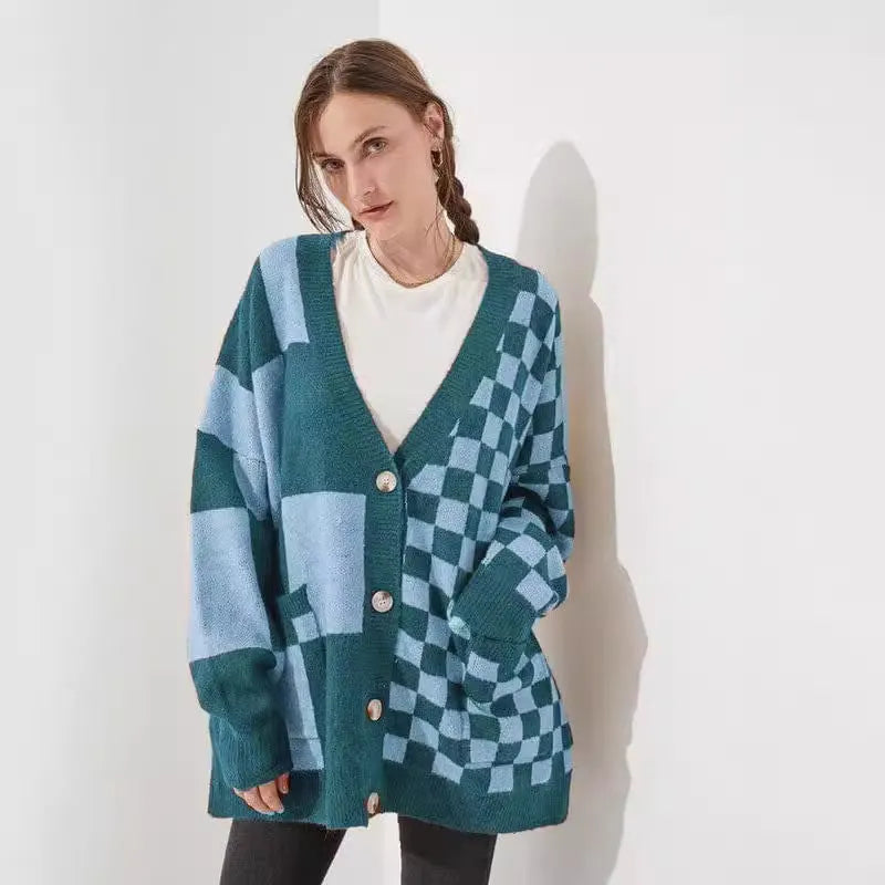 Loose fit printed checks knitwear cardigan in wine red colour with regular sleeves