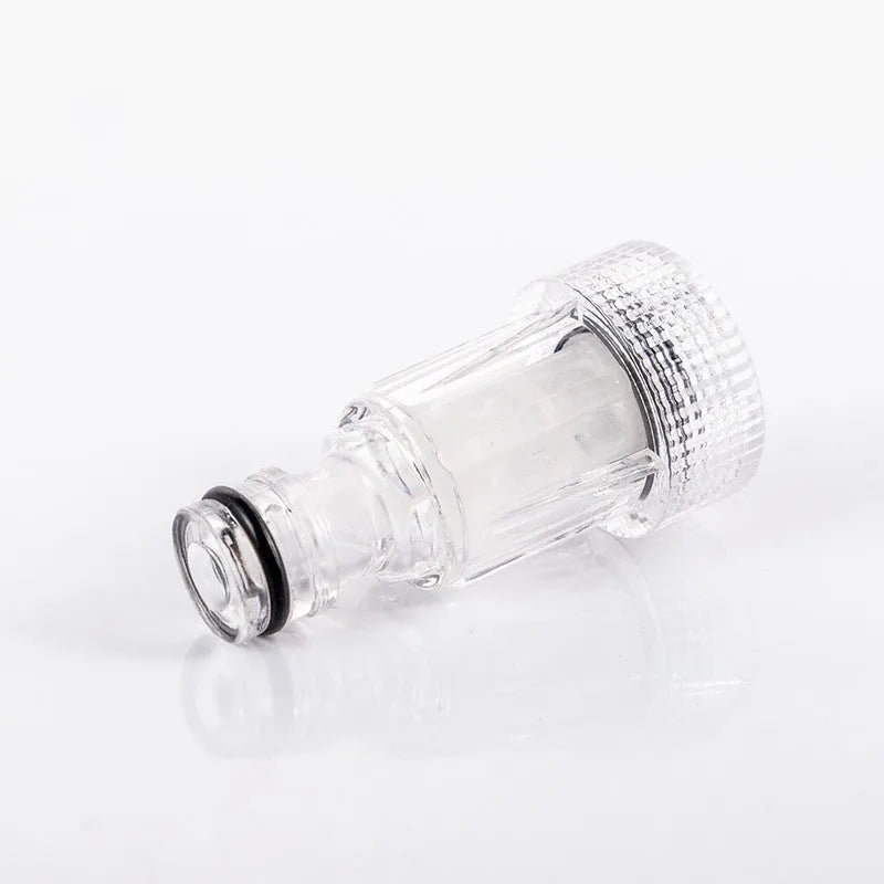 Transparent plastic water inlet joint with filter screen for Karcher K2 to K7 series pressure washers.