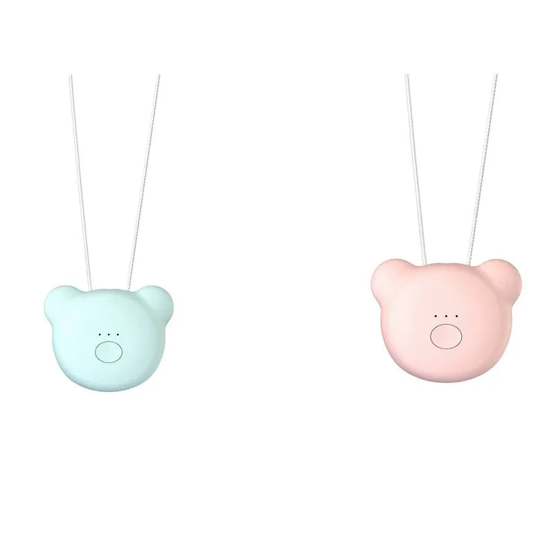 Mini USB portable air purifier necklace in blue, shown next to its charging cable.