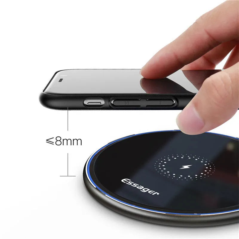 Black aluminium wireless charging pad with LED indicator lights for Qi-compatible phones