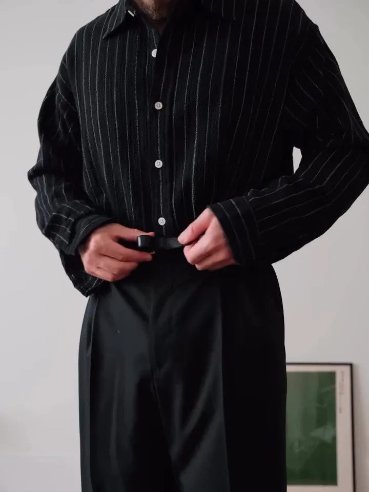 Black pinstriped regular fit button-down long sleeve shirt for men.