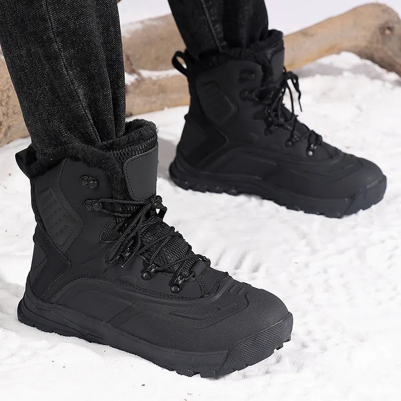 Men's black high-top lace-up boots with fleece lining, shown on a size 45 foot.