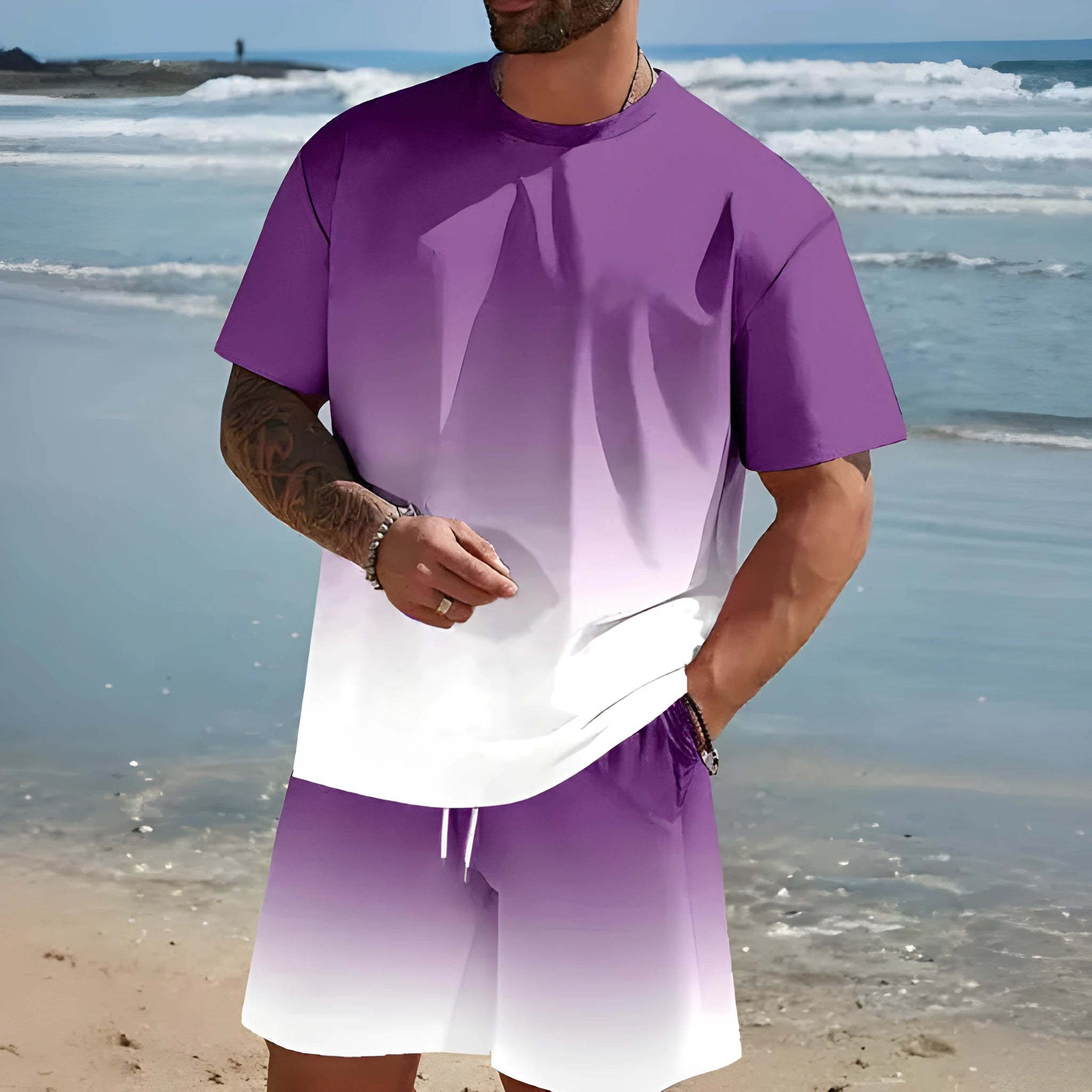 Men's loose fit short-sleeved polyester T-shirt and matching shorts set in a light colour.
