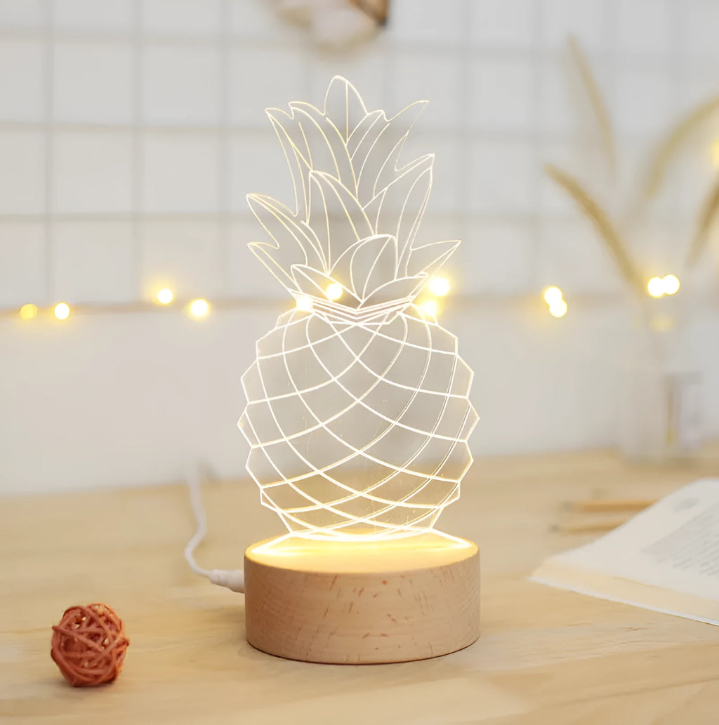 Pineapple-shaped wooden and acrylic bedside lamp with USB cable and dimmer controls