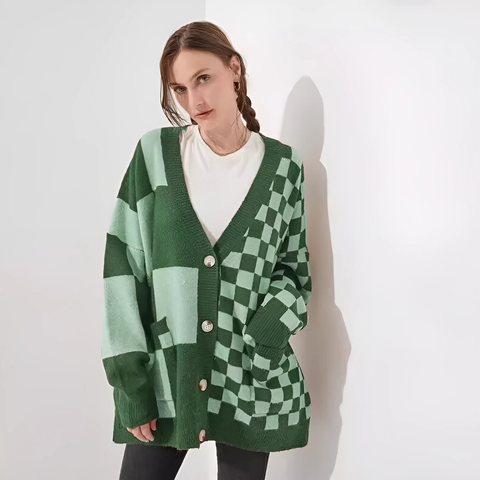 Loose fit printed checks knitwear cardigan in wine red colour with regular sleeves