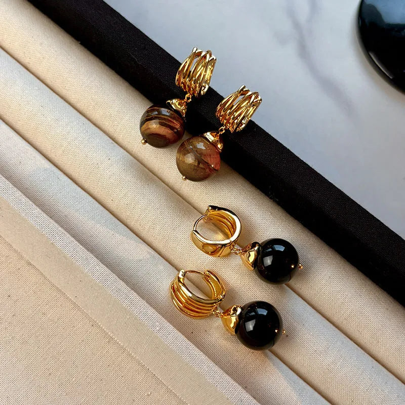 Gold-plated geometric tigereye earrings in French retro style, brown and black colour options