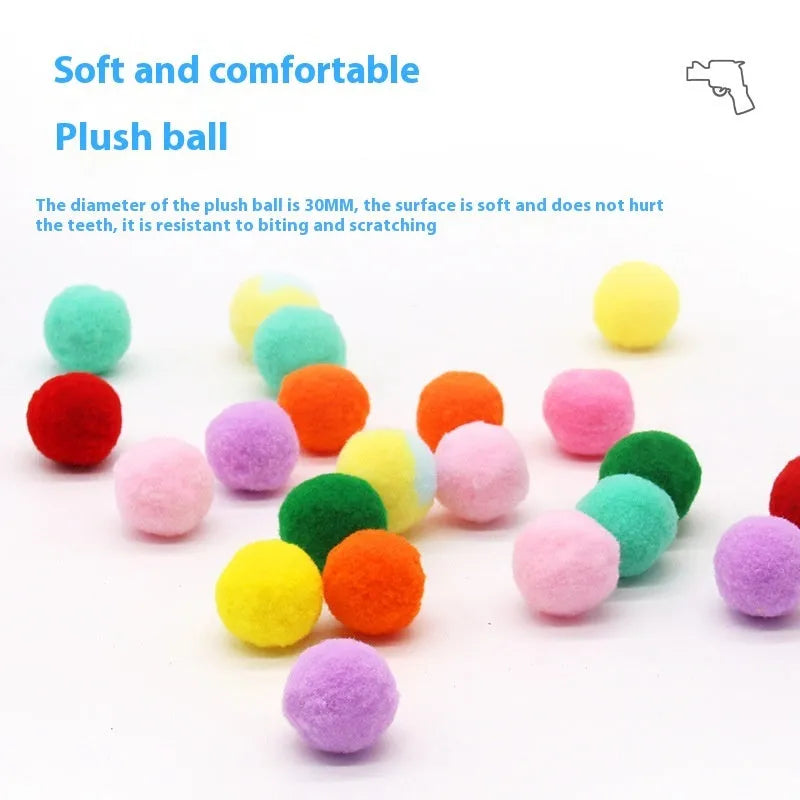 Plush ball shooting pet toy with launch gun and multiple soft balls for dogs and cats