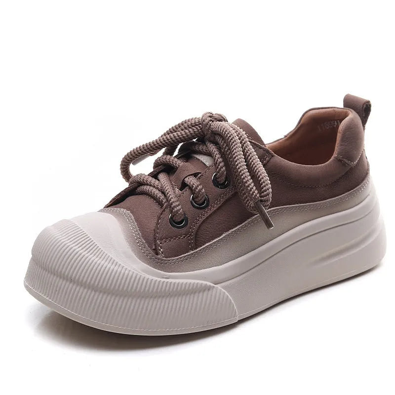 Women's yellow full grain cow leather lace-up casual shoes with round toe and rubber sole