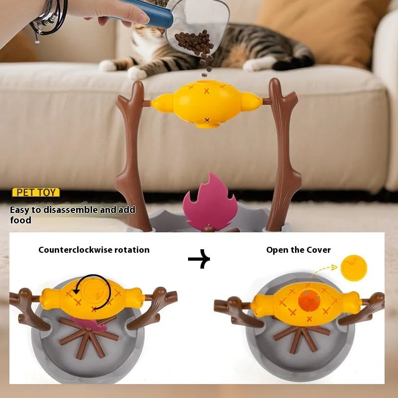 Barbecue-style tumbling cat food feeder with leakage control measuring 30x30x29cm