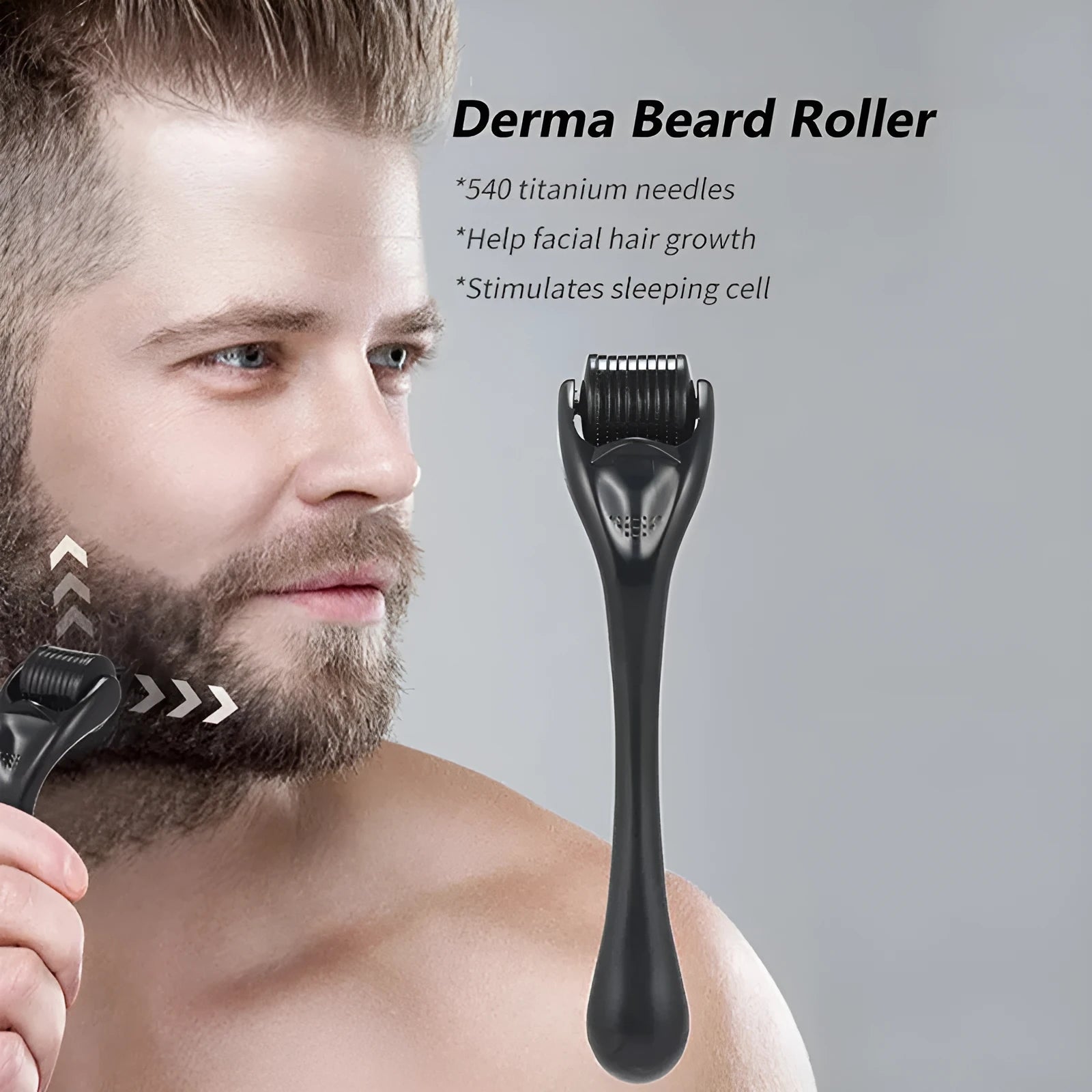 Derma roller with titanium needles for face and scalp, showing black and purple handle options.
