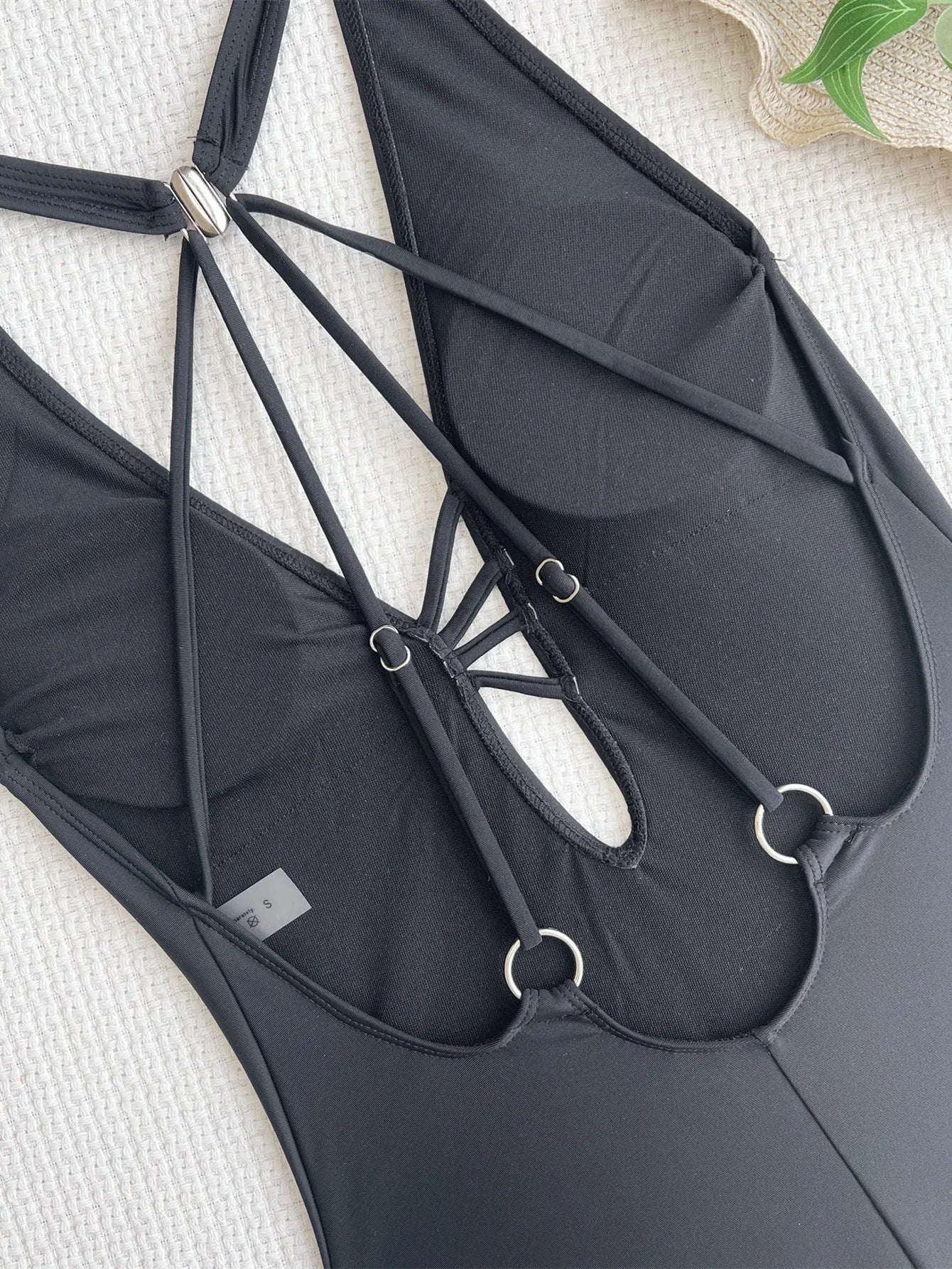 Ladies solid black nylon swimsuit bikini shown front view