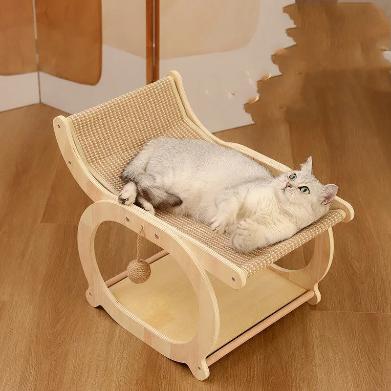 Solid wood cat scratching mat with sisal surface in walnut colour, designed as a recliner bed.