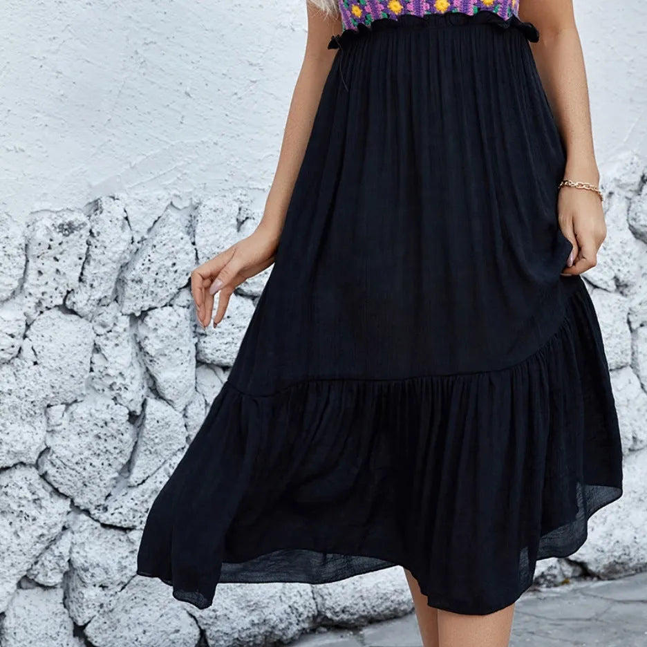 Purple sleeveless dress with hand-hooked flower stitching on cotton blend fabric