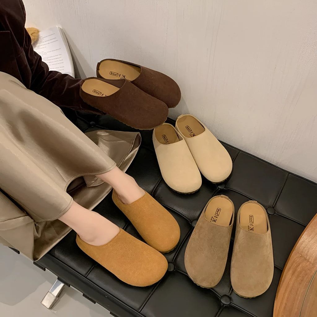 Korean-style flat slippers in apricot colour with microfiber upper and PU sole
