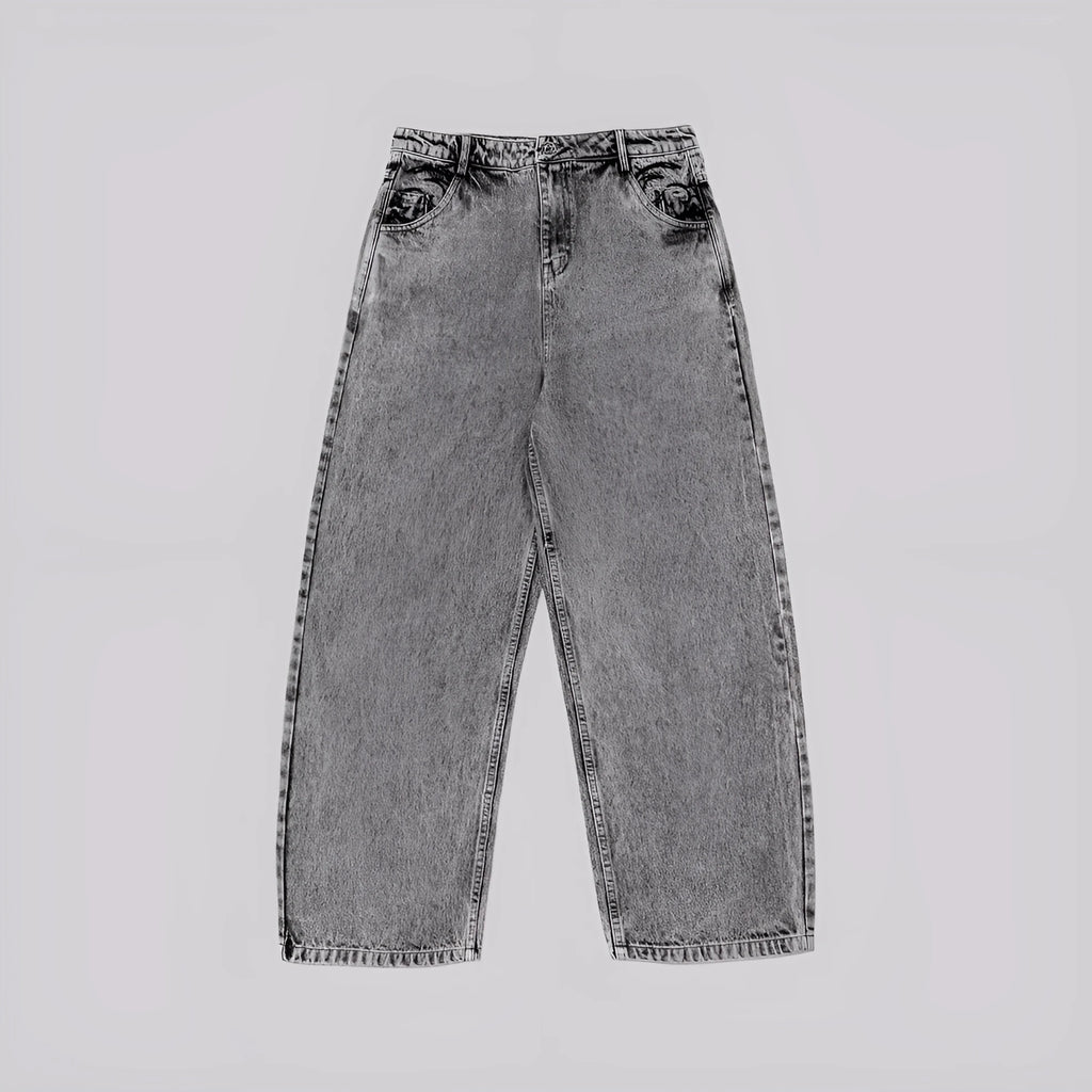 Grey loose straight-leg denim trousers for men and women on a hanger