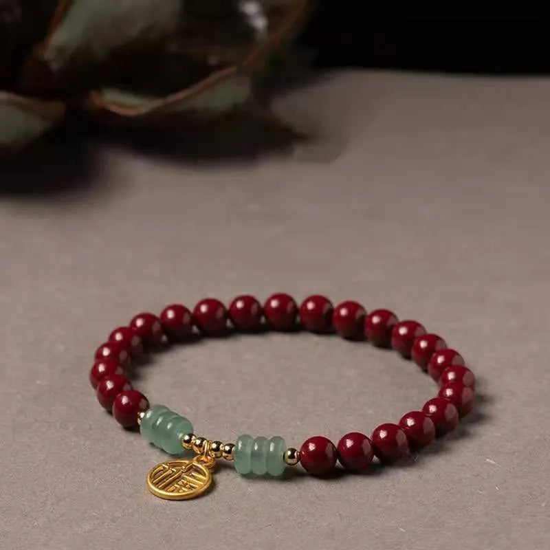Handcrafted cinnabar bracelet with copper beads in wave design, national style unisex accessory