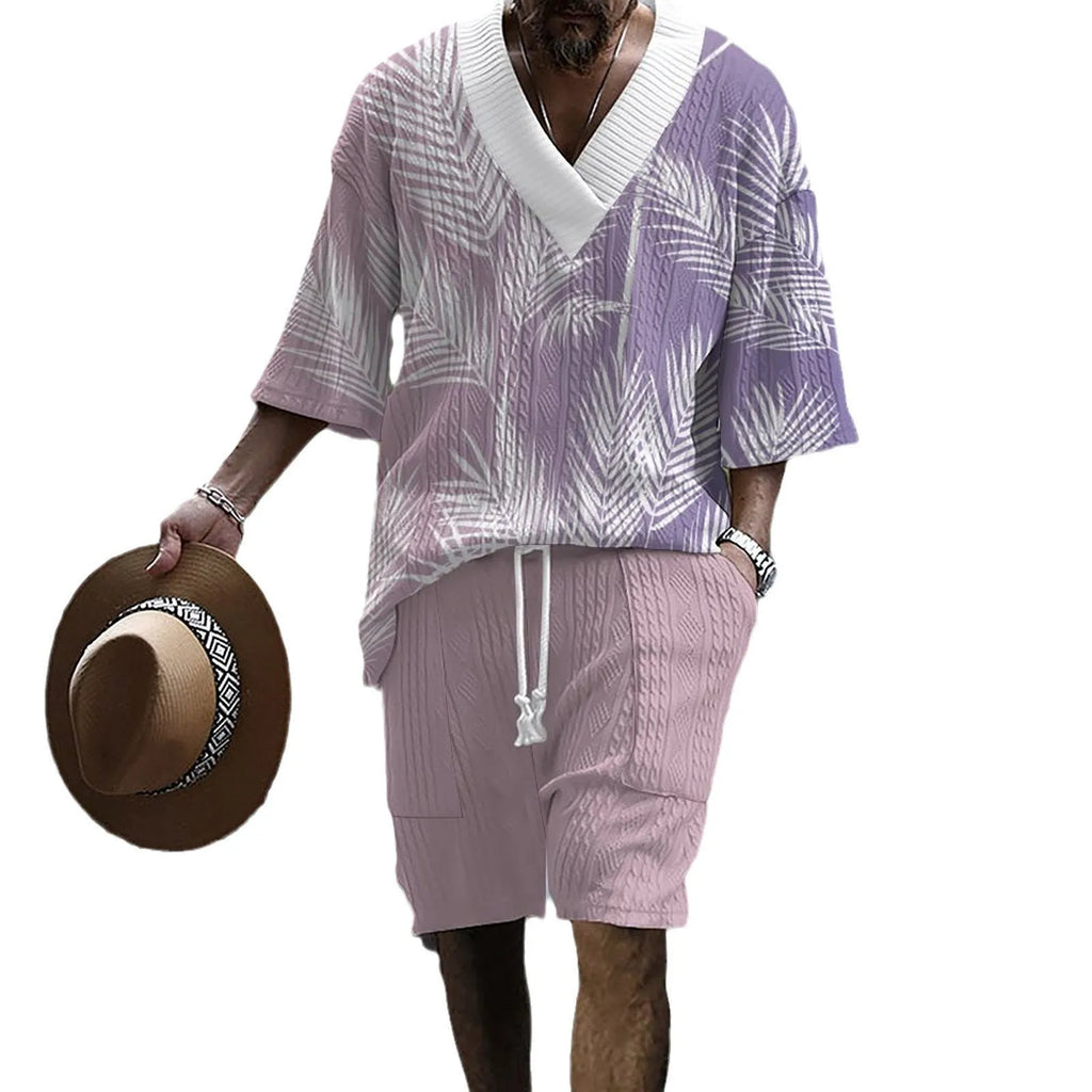 Men's printed drop-shoulder knitted shorts suit in polyester blend fabric