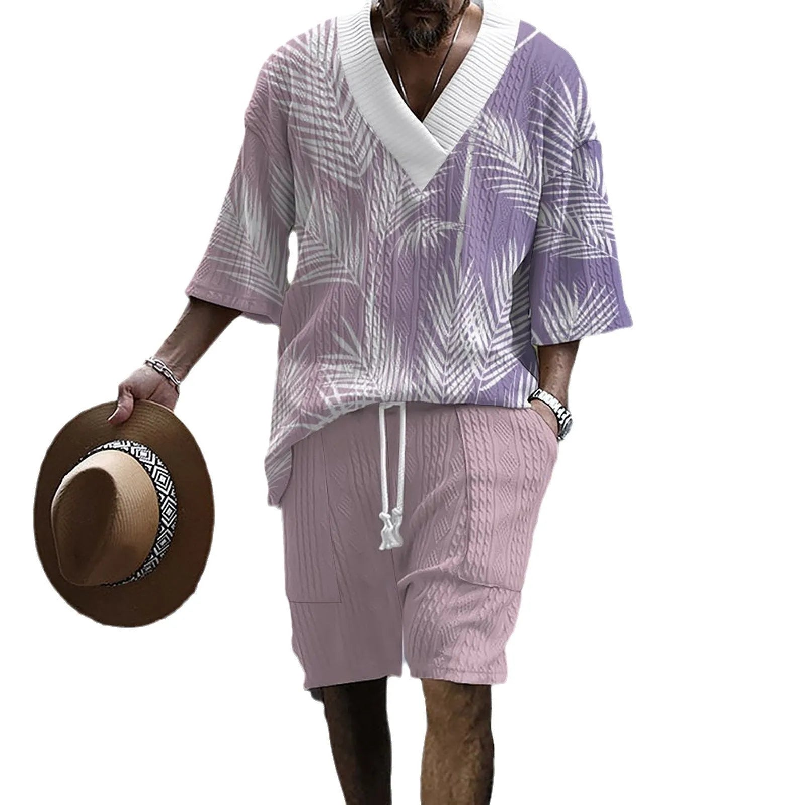Men's printed drop-shoulder knitted shorts suit in polyester blend fabric