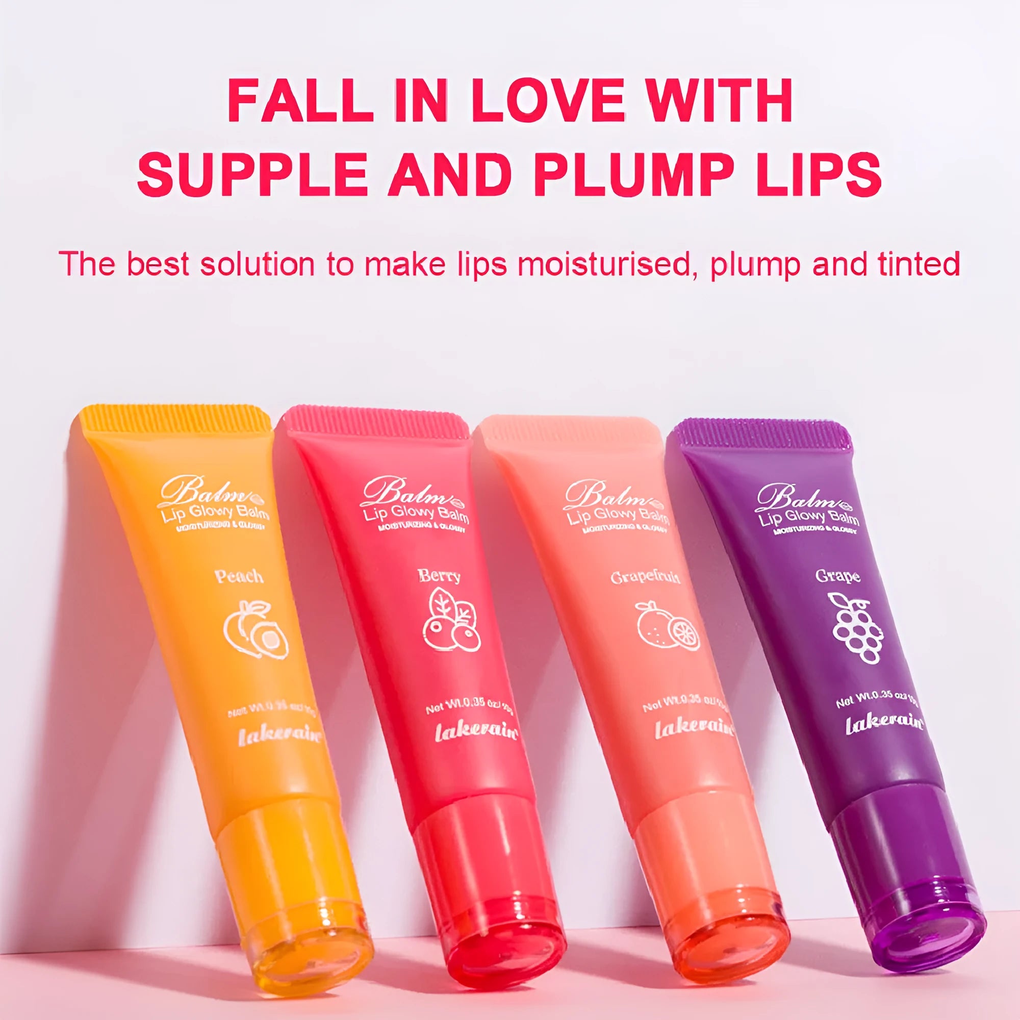 Women's flavoured lip gloss in yellow peach, berry, grapefruit, and grape options for a natural finish.