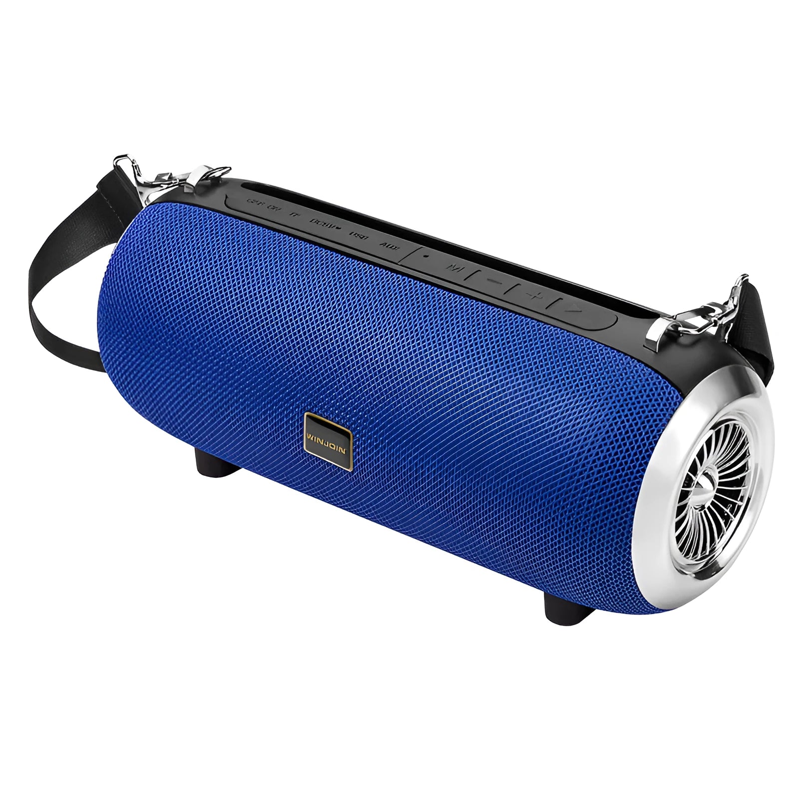 F666 Mini Bluetooth Speaker in fabric mesh finish with retractable FM antenna and shoulder strap attached