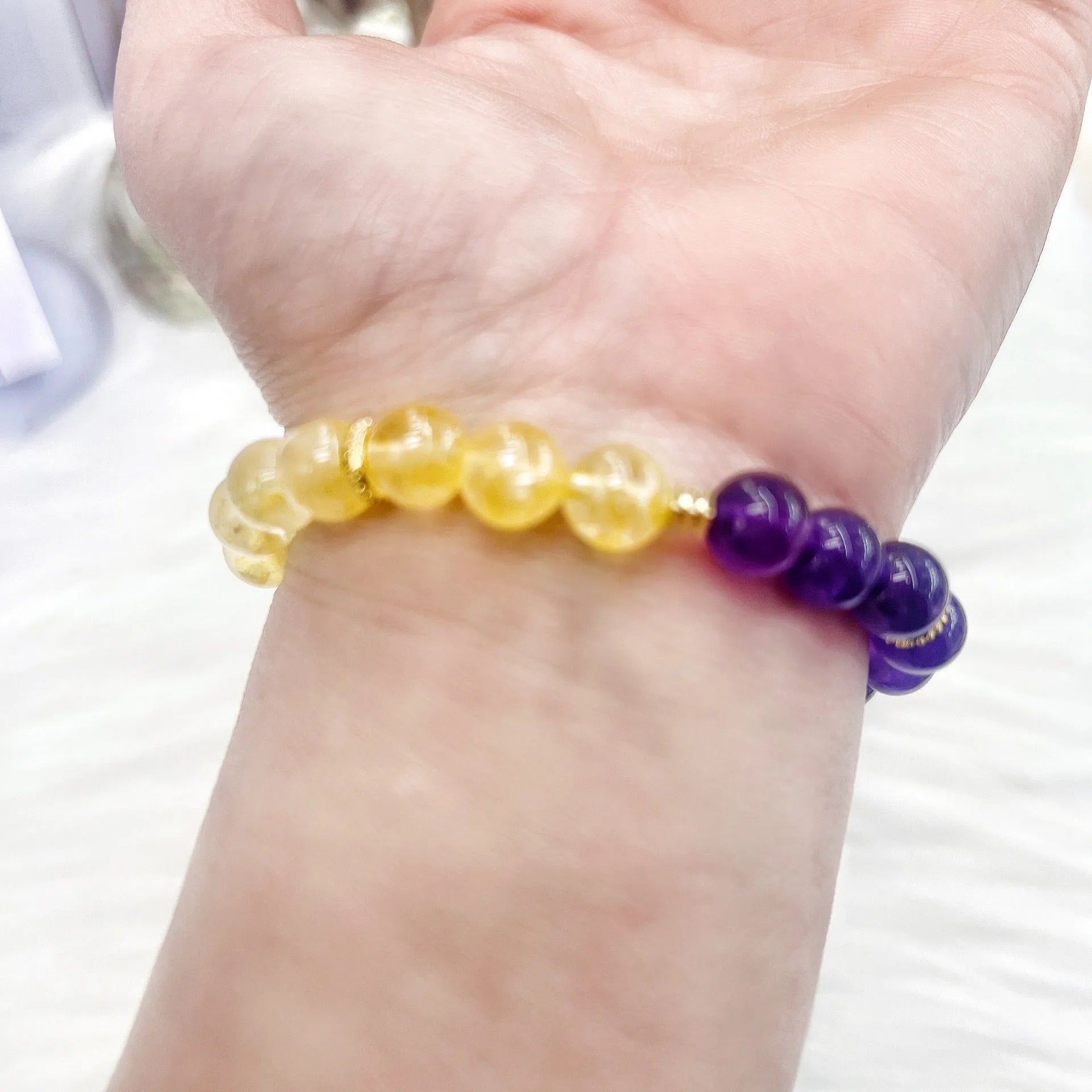 Handmade yellow and purple women's crystal bracelet with amethyst stones