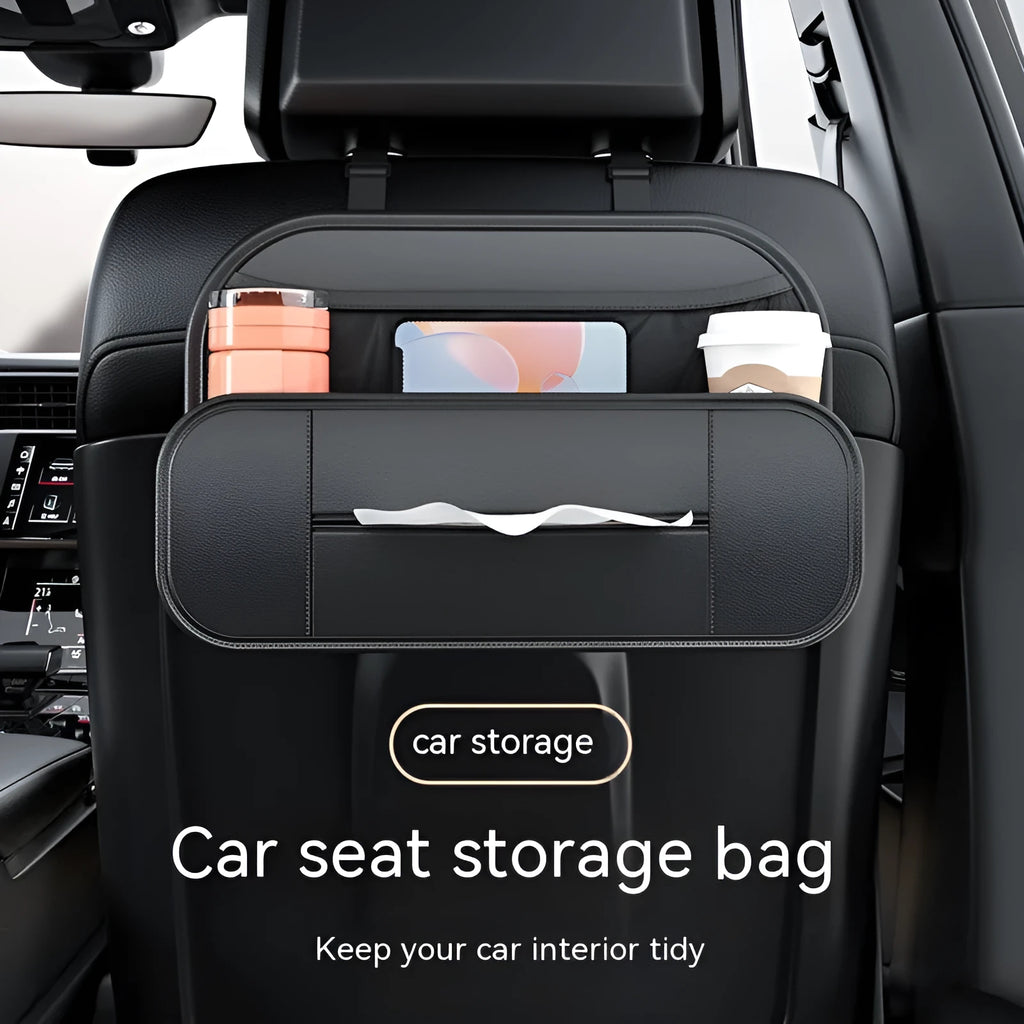 Black leather car seat rear storage bag with adjustable compartments