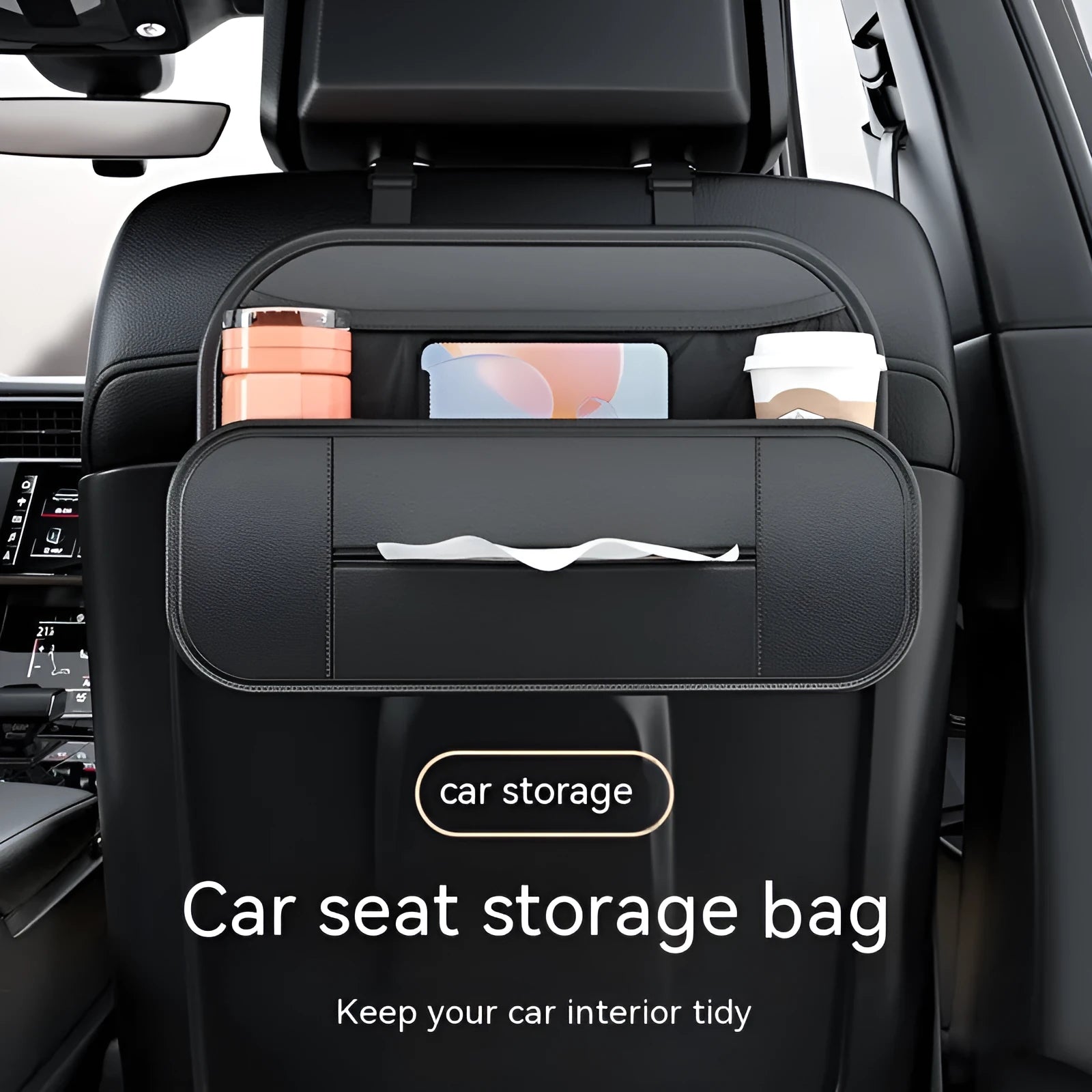 Black leather car seat rear storage bag with adjustable compartments