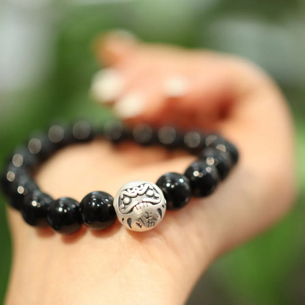 Natural 10MM black agate beaded bracelet with 999 sterling silver accents in Chinese style