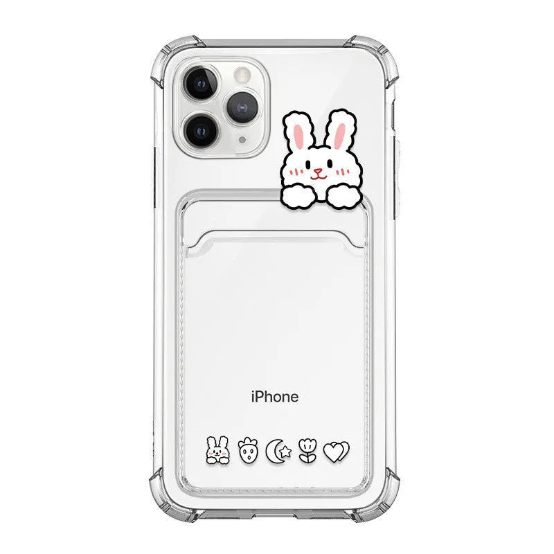 Transparent cartoon-painted iPhone case with built-in card holder slot in TPU material