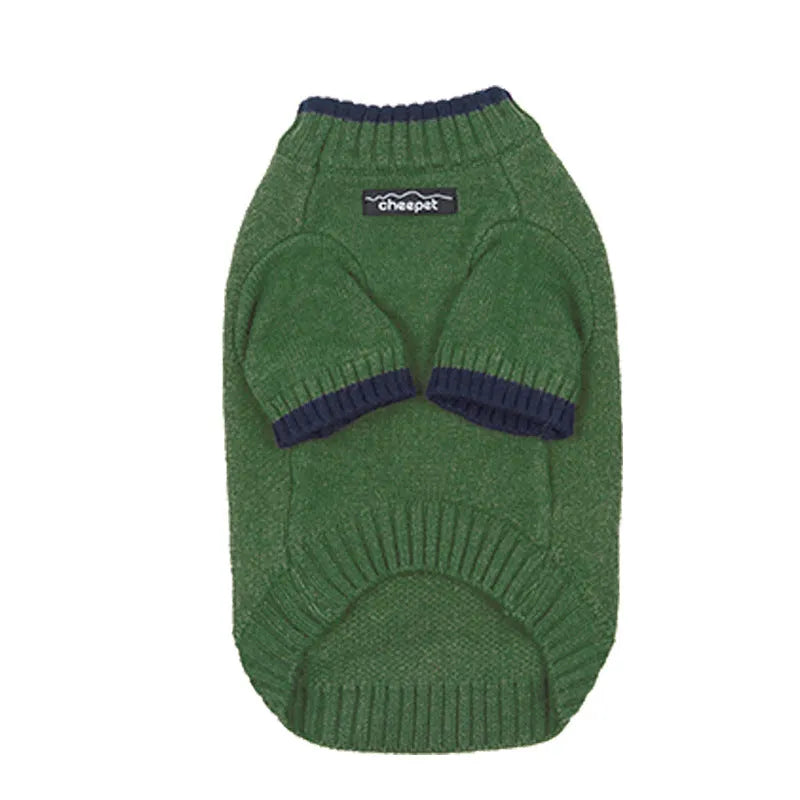 British style wool pet sweater on a small dog, showing the two-leg design in Crown Blue colour.