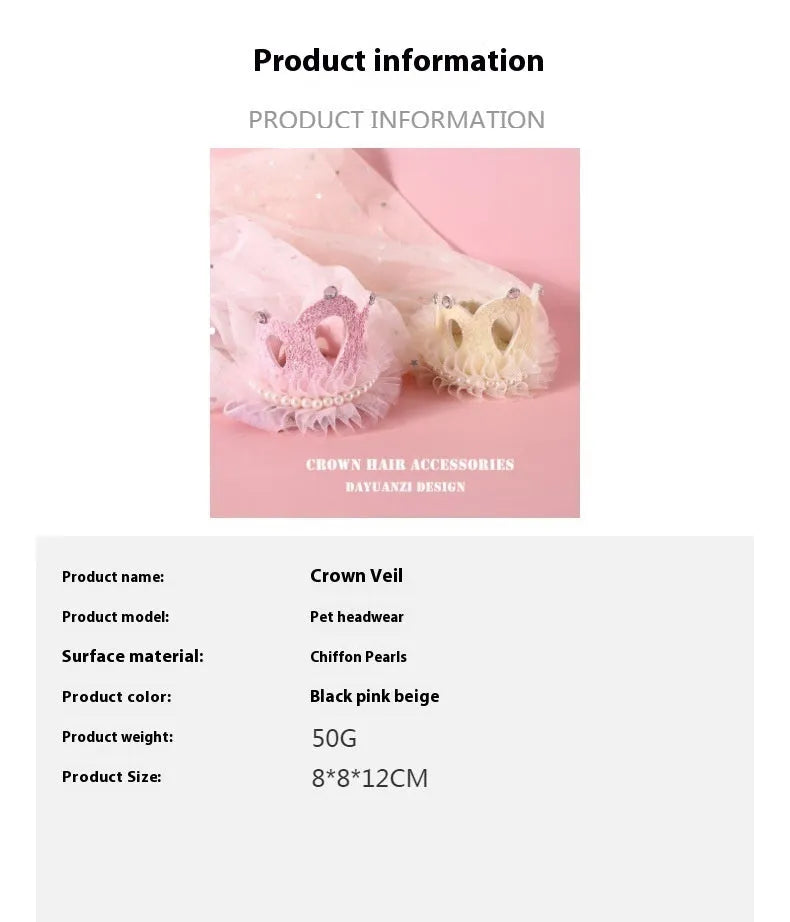 Princess-style cat wedding crown headdress with veil in beige and pink colour options