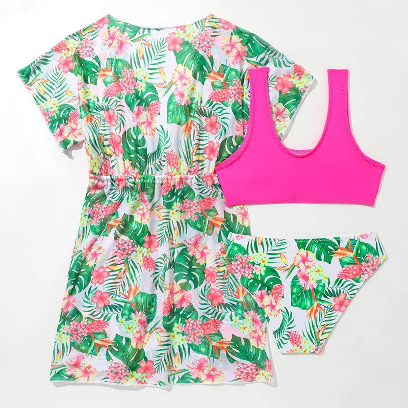 Girls floral two-piece swimsuit briefs in a Korean style, sizes 130cm to 160cm.